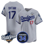 Los Angeles Dodgers #17 Shohei Ohtani Gray MWATKINS 2025 World Series With No. 34 Patch Limited Stitched Jersey