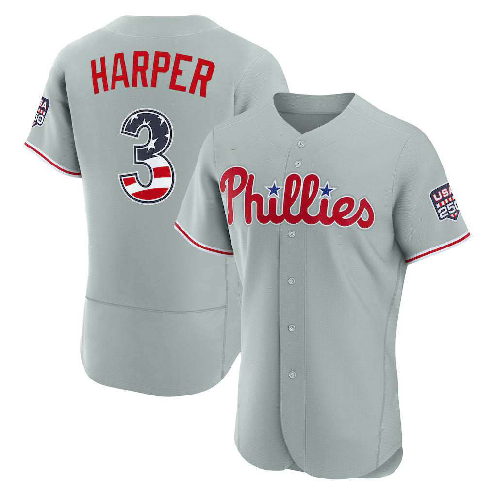 Philadelphia Phillies #3 Bryce Harper USA 250 Fourth of July Road Authentic Jersey - Gray MWATKINS