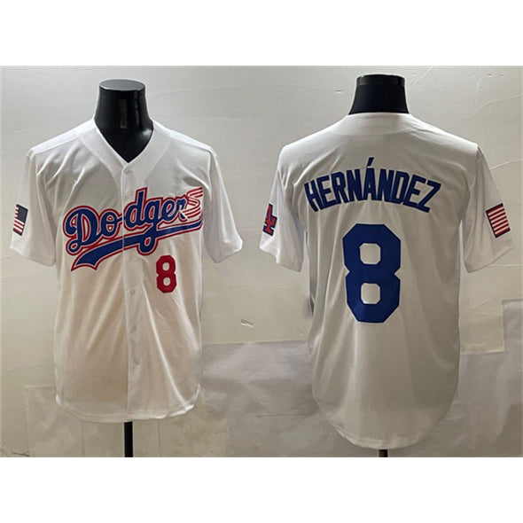 Los Angeles Dodgers #8 Enrique Hernandez White MWATKINS With American Flag Patch Limited Stitched Jersey