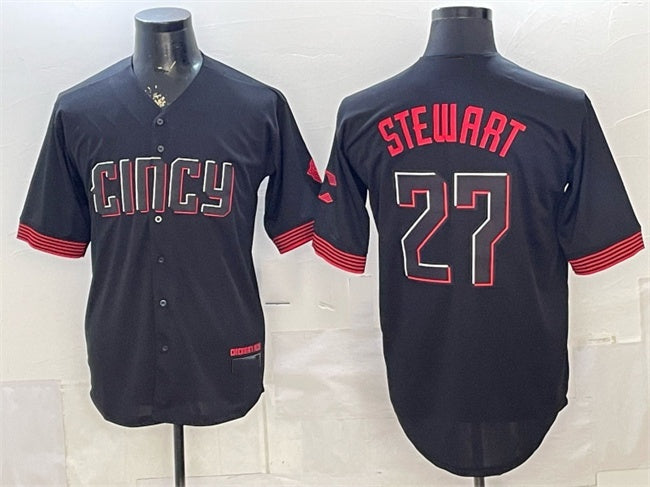 Cincinnati Reds #27 Sal Stewart Black MWATKINS City Connect Cool Base Stitched Jersey