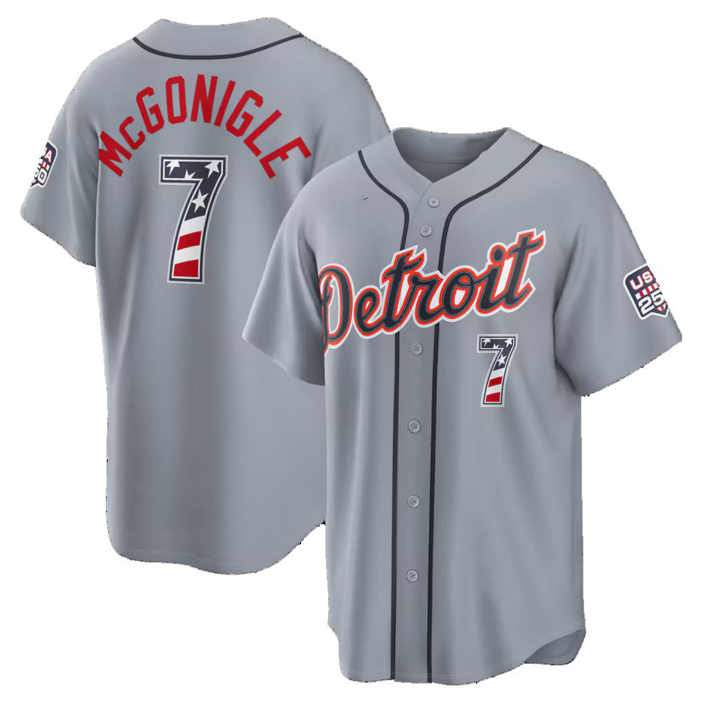 Detroit Tigers #7 Kevin McGonigle Gray MWATKINS USA 250 Fourth of July Road Stadium Jersey
