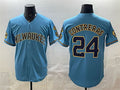 Milwaukee Brewers #24 William Contreras Blue MWATKINS With Home & Bob Uecker Patch Stitched Jersey