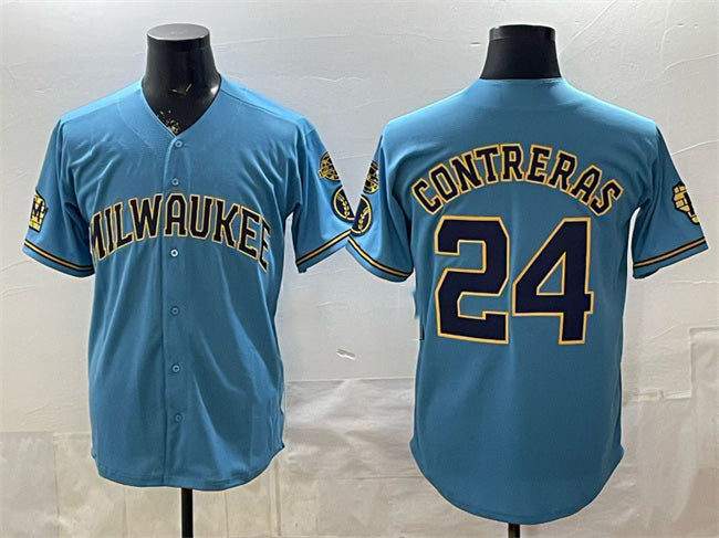Milwaukee Brewers #24 William Contreras Blue MWATKINS With Home & Bob Uecker Patch Stitched Jersey