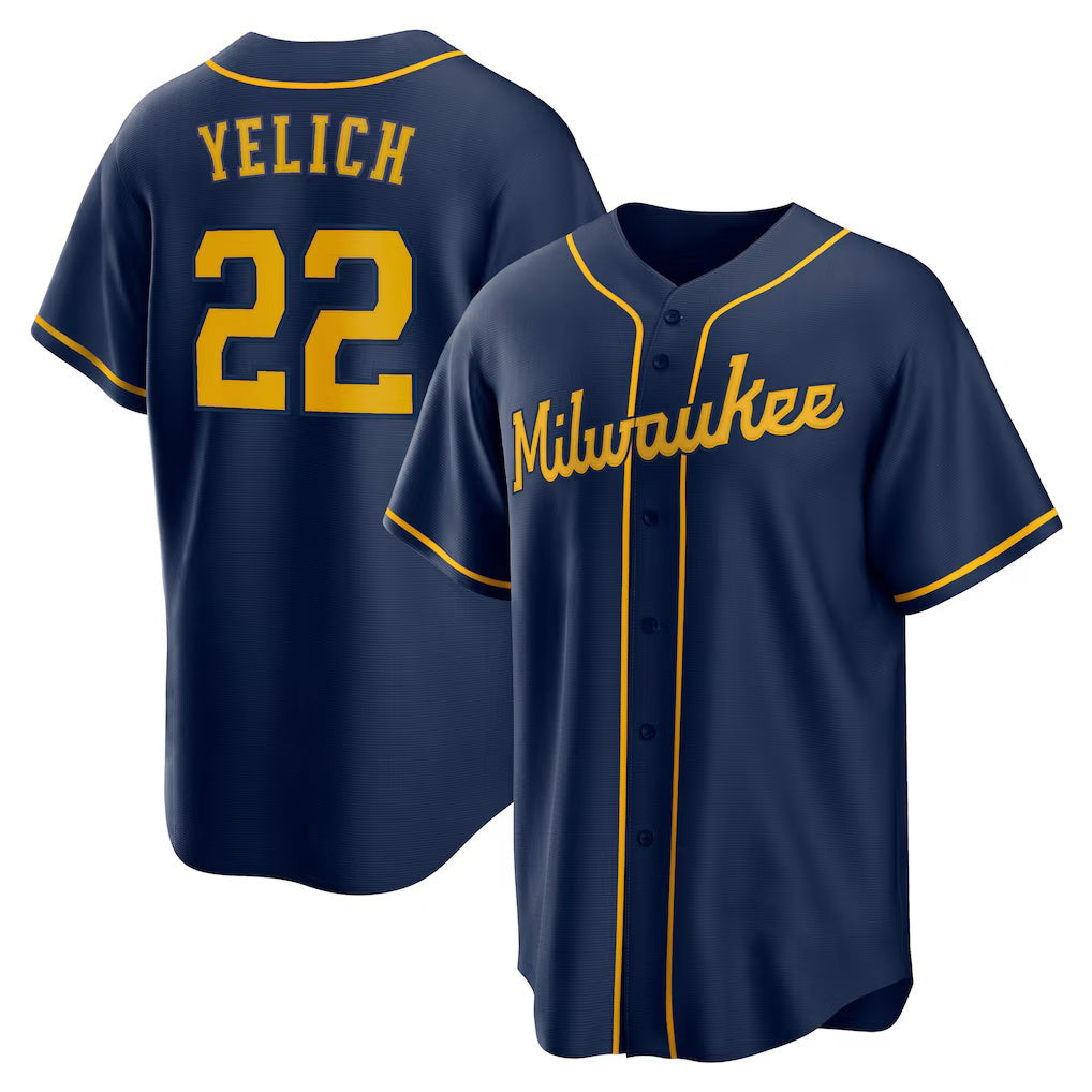 Milwaukee Brewers #22 Christian Yelich Navy MWATKINS Alternate 2 Replica Jersey
