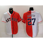 Houston Astros #27 Jose Altuve White Orange MWATKINS Blue Number Split Stitched Jersey 2