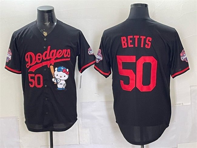 Los Angeles Dodgers #50 Mookie Betts Black MWATKINS Hello Kitty Night 2025 World Series Champions Patch Stitched Jersey