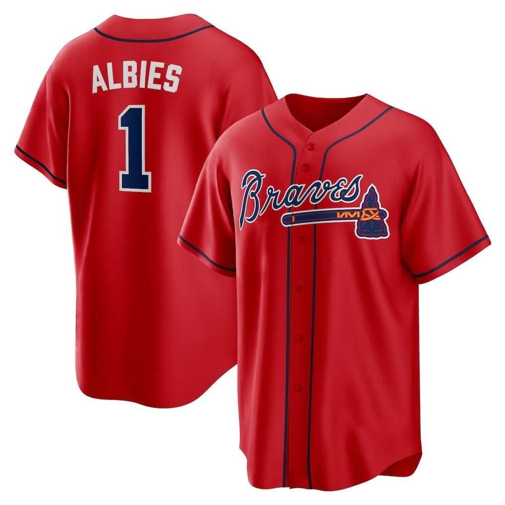 Atlanta Braves #1 Ozzie Albies Red MWATKINS Alternate 2 Replica Jersey