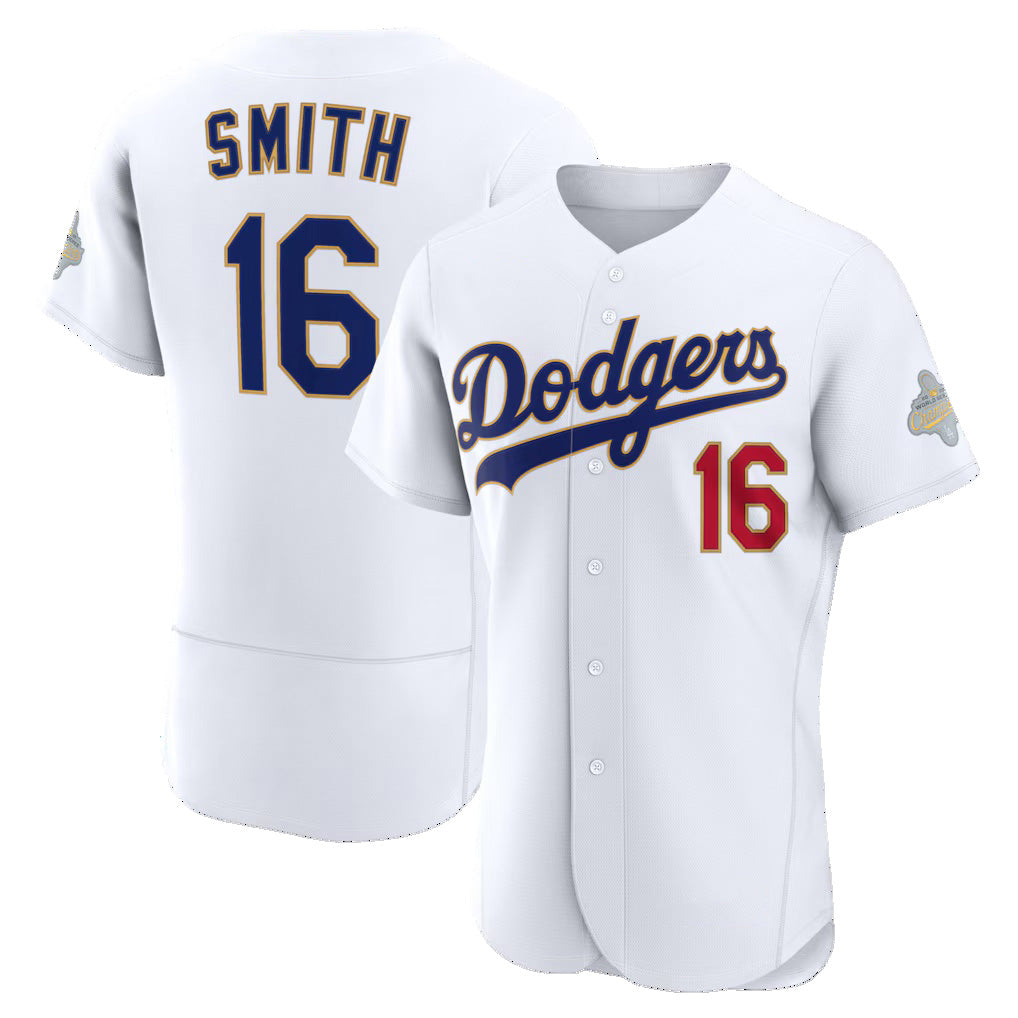 Los Angeles Dodgers #16 Will Smith White MWATKINS 2026 Gold Collection Authentic Jersey