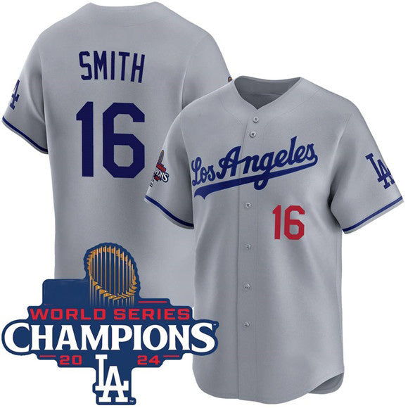 Los Angeles Dodgers #16 Will Smith Gray MWATKINS 2024 World Series Champions Patch Limited Stitched Jersey
