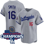 Los Angeles Dodgers #16 Will Smith Gray MWATKINS 2024 World Series Champions Patch Limited Stitched Jersey