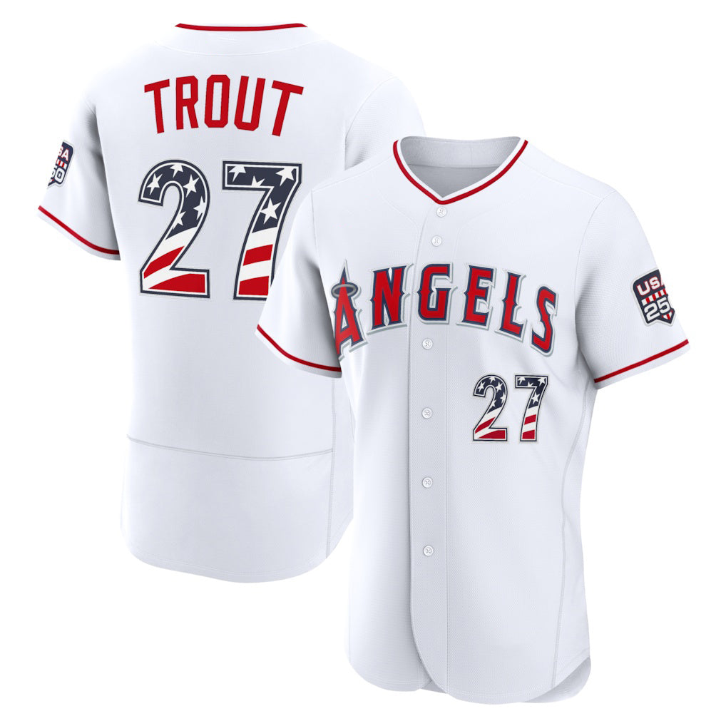 Los Angeles Angels #27 Mike Trout USA 250 Fourth of July Home Authentic Jersey - White MWATKINS