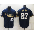 Atlanta Braves #27 Austin Riley 2022 Navy Blue MWATKINS 2021 World Series Champions Golden Edition Stitched Cool Base Jersey