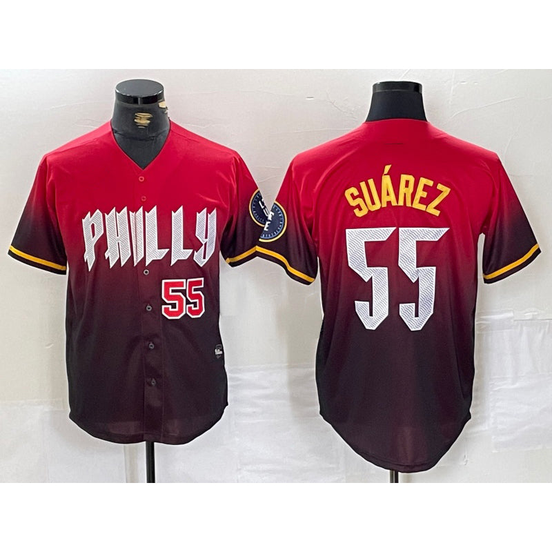Philadelphia Phillies #55 Ranger Suarez Red MWATKINS 2024 City Player Number Cool Base Jerseys