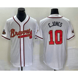 Atlanta Braves #10 Chipper Jones 2022 White Gold MWATKINS World Series Champions Program Cool Base Stitched Jersey