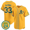 Oakland Athletics #33 JJ Bleday Yellow MWATKINS 2024 Limited With Rickey Henderson Patch Stitched Jersey