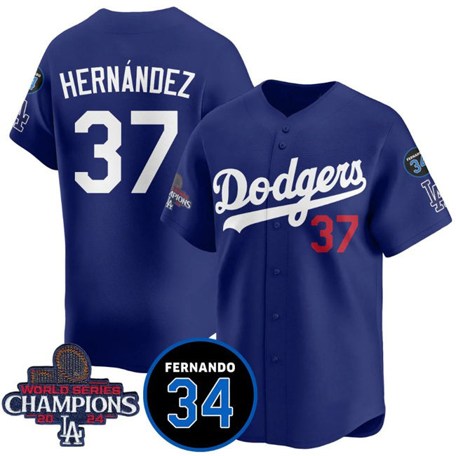 Los Angeles Dodgers #37 Teoscar Hernandez Royal MWATKINS 2024 World Series Champions With Fernando Memorial Patch Vapor Premier Limited Stitched Jersey