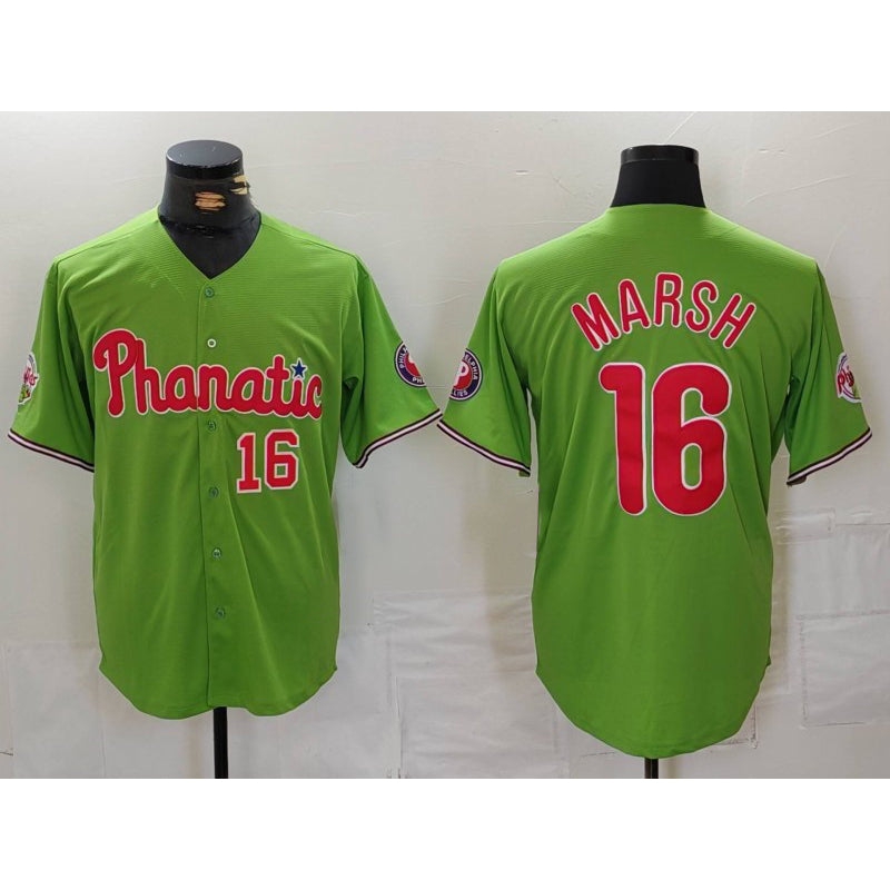 Philadelphia Phillies #16 Brandon Marsh Number Green MWATKINS With Patch Stitched Cool Base Jersey
