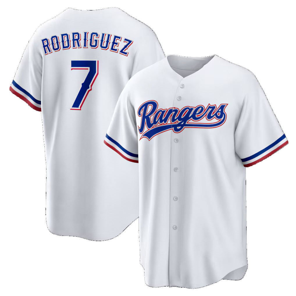 Texas Rangers #7 Ivan Rodriguez White MWATKINS Home Retired Player Replica Jersey