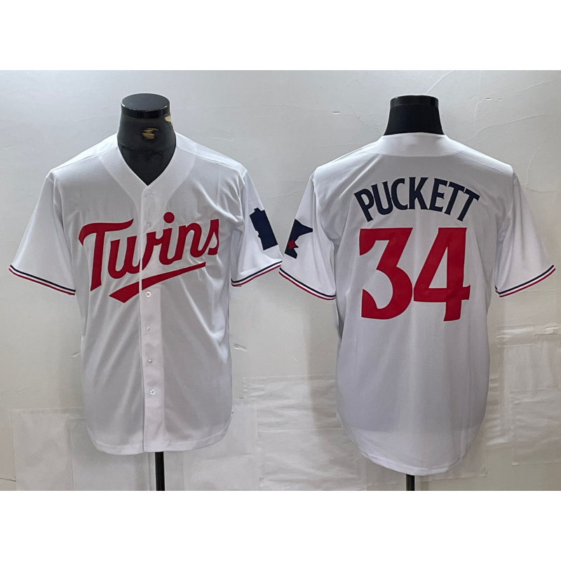 Minnesota Twins #34 Kirby Puckett White Red MWATKINS Stitched Cool Base Jersey