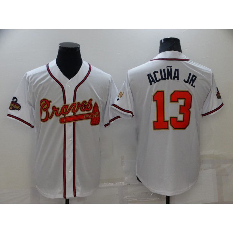 Atlanta Braves #13 MWATKINSld Acuna Jr 2022 White Gold MWATKINS World Series Champions Program Cool Base Stitched Jersey