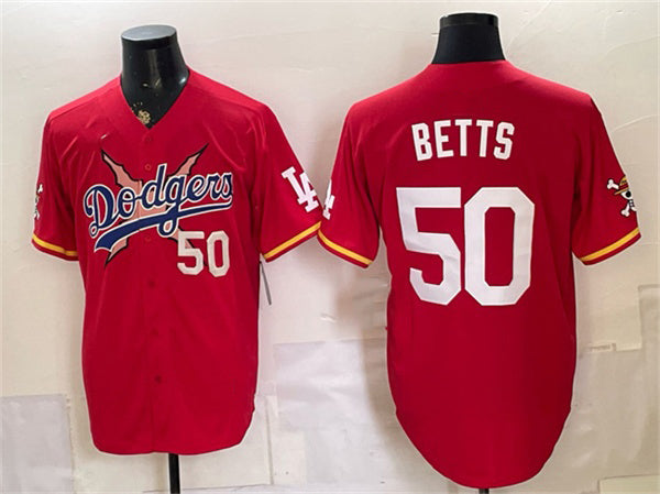 Los Angeles Dodgers x One Piece #50 Mookie Betts Red MWATKINS Vapor Premier Limited Stitched Jersey