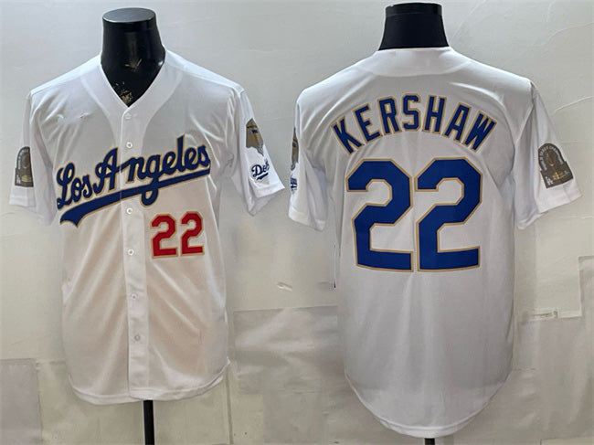 Los Angeles Dodgers #22 Clayton Kershaw White MWATKINS 2026 Gold Collection 9x & B2B Champs Patch Stitched Jersey