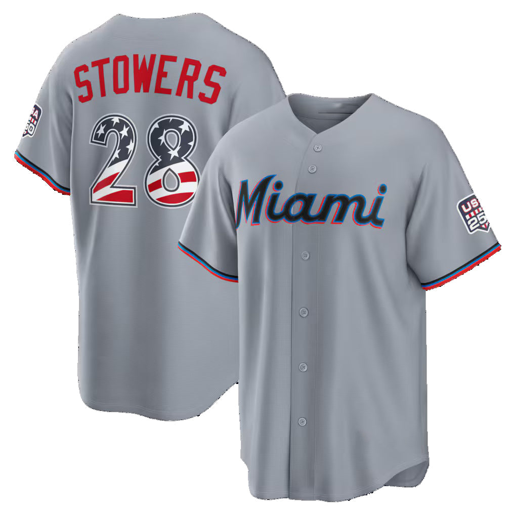 Miami Marlins #28 Kyle Stowers USA 250 Fourth of July Road Stadium Jersey - Gray MWATKINS