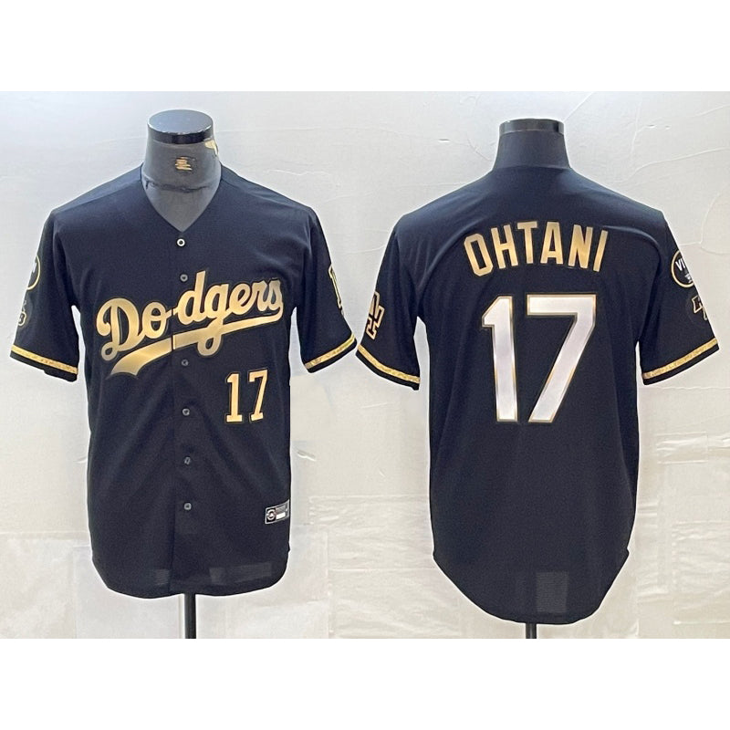 Los Angeles Dodgers #17 Shohei Ohtani Number Black Gold MWATKINS Stitched Cool Base Jersey 2