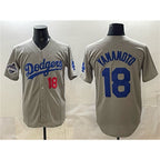 Los Angeles Dodgers #18 Yoshinobu Yamamoto Gray MWATKINS 2025 World Series Champions Patch Stitched Jersey