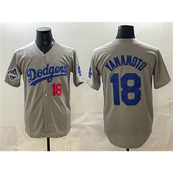Los Angeles Dodgers #18 Yoshinobu Yamamoto Gray MWATKINS 2025 World Series Champions Patch Stitched Jersey