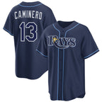 Tampa Bay Rays #13 Junior Caminero Navy MWATKINS Cool Base Stitched Jersey