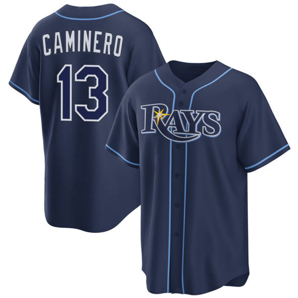 Tampa Bay Rays #13 Junior Caminero Navy MWATKINS Cool Base Stitched Jersey