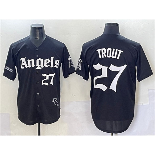 Los Angeles Angels #27 Mike Trout Black MWATKINS 'Gothic Halo Edition' Vapor Limited Stitched Jersey