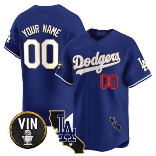Custom Los Angeles Dodgers Vin & California Patch Gold Trim Vapor Premier Limited Jersey ¨C Royal MWATKINS