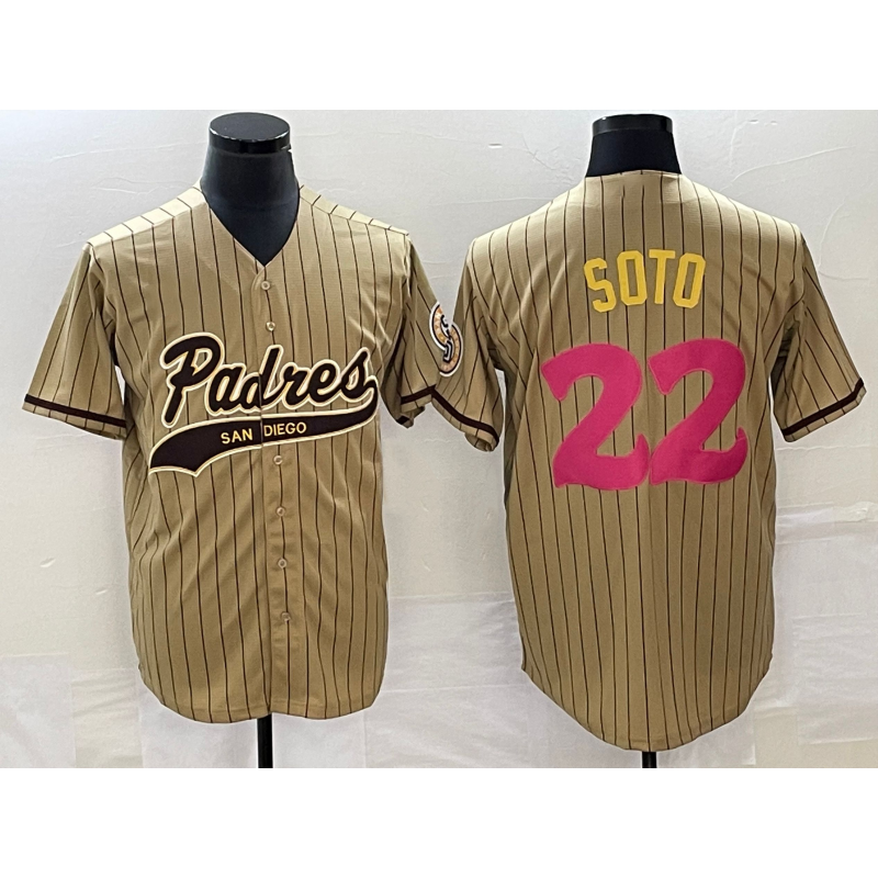 San Diego Padres #22 Juan Soto Tan MWATKINS Pinstripe 2023 City Connect Cool Base Stitched Jersey
