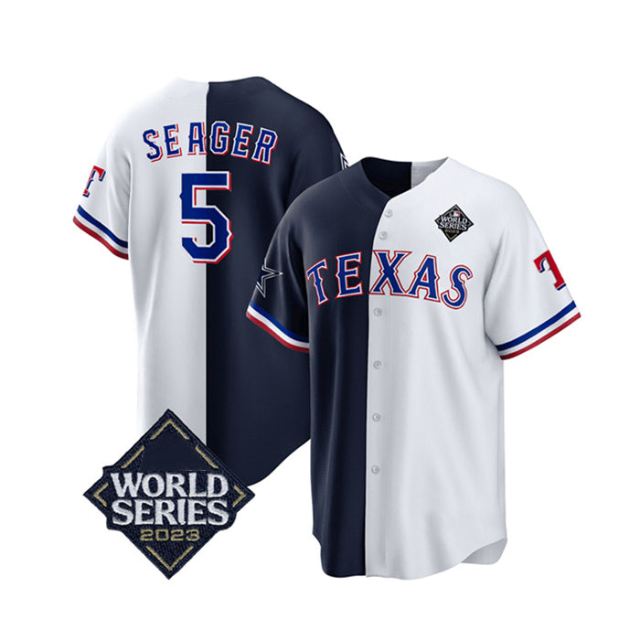 Texas Rangers & Cowboys #5 Corey Seager Navy White MWATKINS 2023 World Series Splite Stitched Jersey