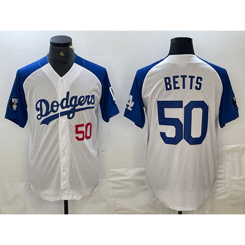 Los Angeles Dodgers #50 Mookie Betts Number White Blue MWATKINS Fashion Stitched Cool Base Limited Jerseys