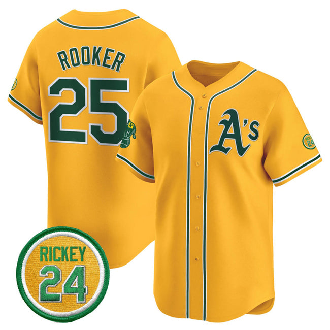 Oakland Athletics #25 Brent Rooker Yellow MWATKINS 2024 Limited With Rickey Henderson Patch Stitched Jersey