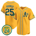 Oakland Athletics #25 Brent Rooker Yellow MWATKINS 2024 Limited With Rickey Henderson Patch Stitched Jersey