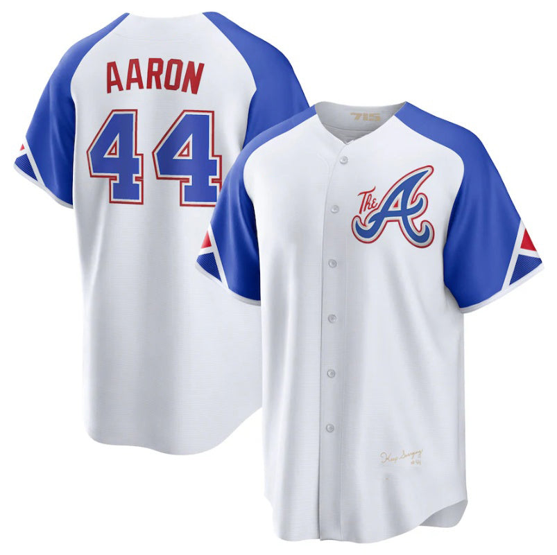 Atlanta Braves #44 Hank Aaron White MWATKINS 2023 City Connect Cool Base Stitched Jersey