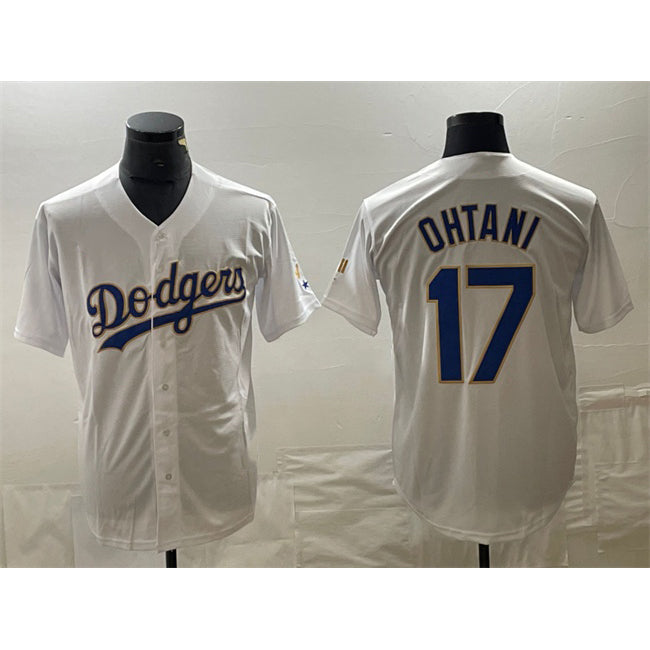 Los Angeles Dodgers #17 Shohei Ohtani White Gold MWATKINS Cool Base With Patch Stitched Jersey