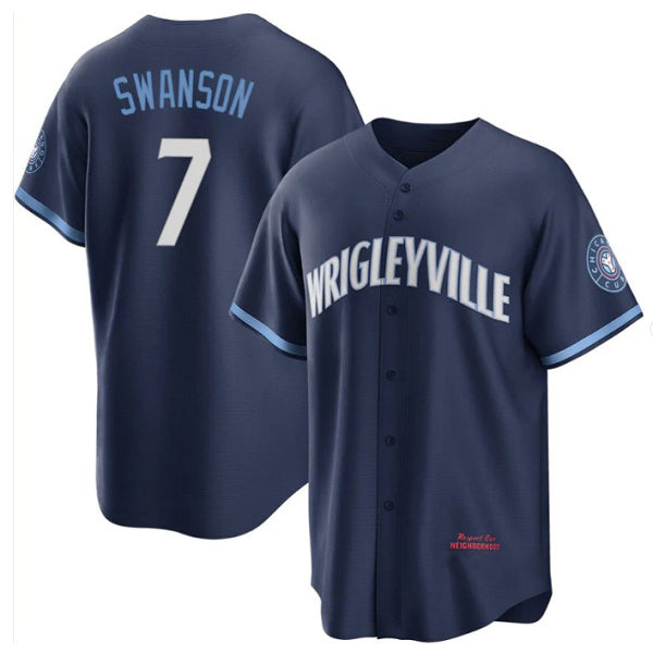 Chicago Cubs #7 Dansby Swanson Navy MWATKINS City Connect Cool Base Stitched Jersey