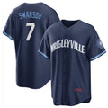 Chicago Cubs #7 Dansby Swanson Navy MWATKINS City Connect Cool Base Stitched Jersey