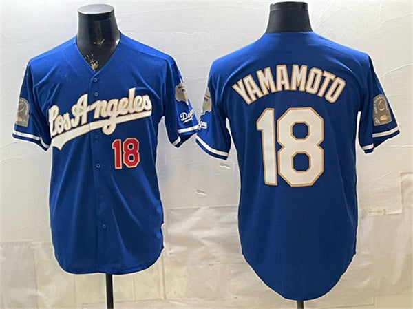 Los Angeles Dodgers #18 Yoshinobu Yamamoto Royal MWATKINS 2026 Gold Collection 9x & B2B Champs Patch Stitched Jersey