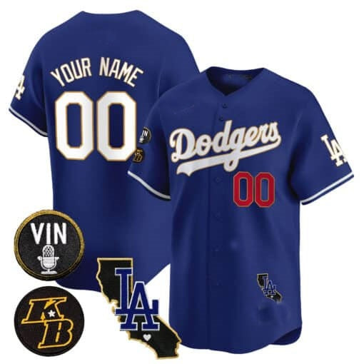 Custom Los Angeles Dodgers Vin Patch & Kobe Bryant Gold Trim Vapor Premier Limited Jersey V2 ¨C Royal MWATKINS