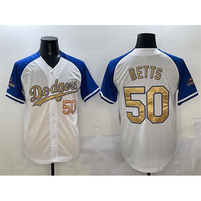 Los Angeles Dodgers #50 Mookie Betts White Royal Gold MWATKINS 2024 World Series Champions Vapor Limited Stitched Jersey