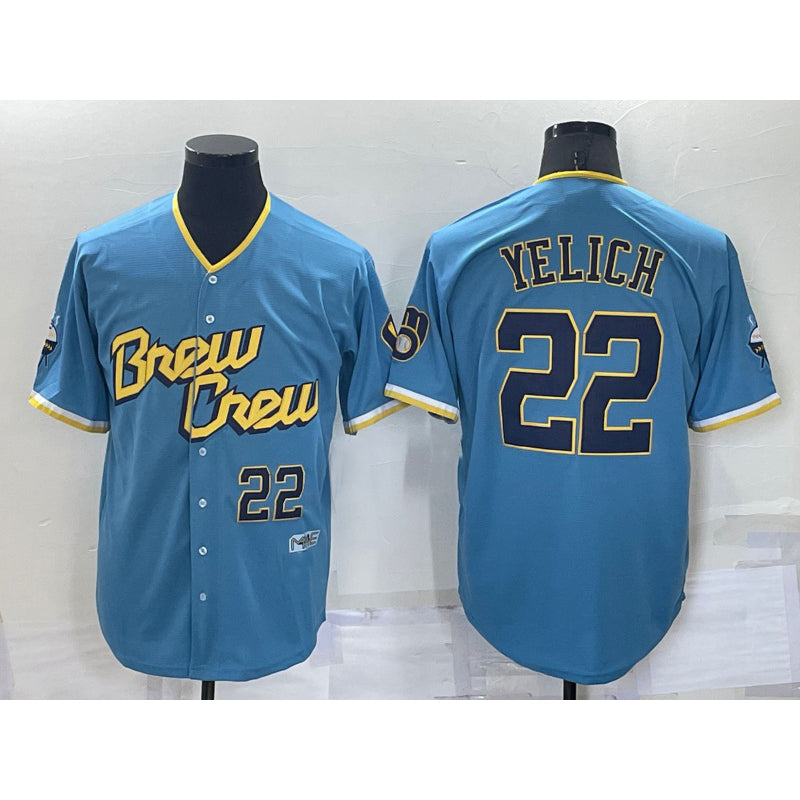 Milwaukee Brewers #22 Christian Yelich Number Blue MWATKINS 2022 City Connect Cool Base Stitched Jersey