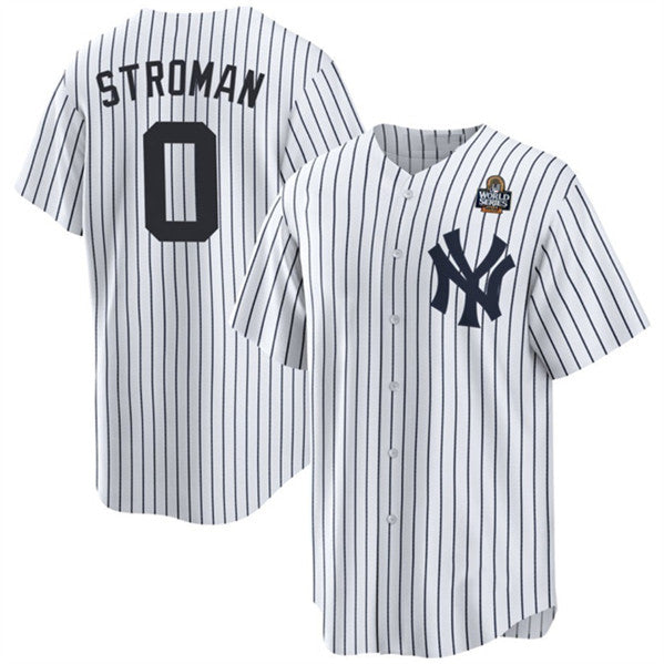 New York Yankees #0 Marcus Stroman White MWATKINS 2024 World Series With Name Cool Base Stitched Jersey