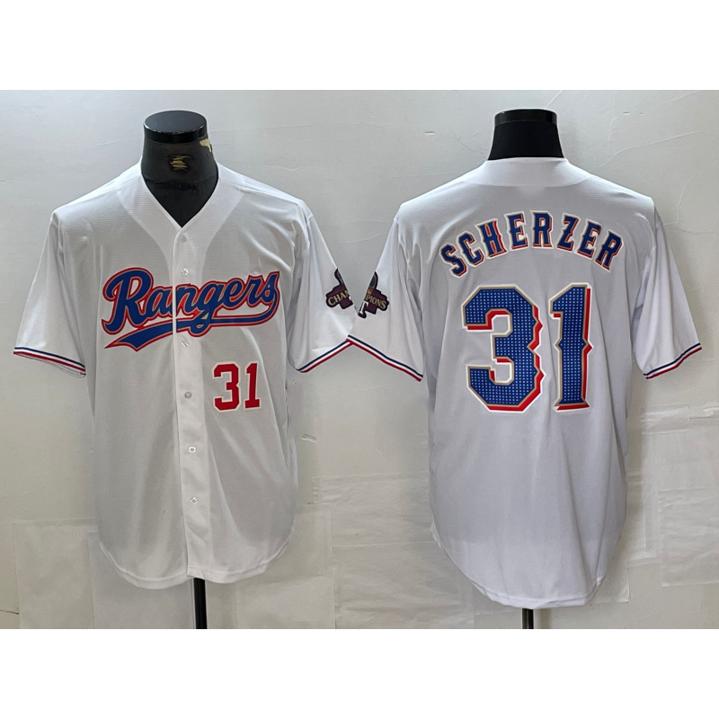 Texas Rangers #31 Max Scherzer Number White MWATKINS 2023 World Series Champions Cool Base Jersey 2