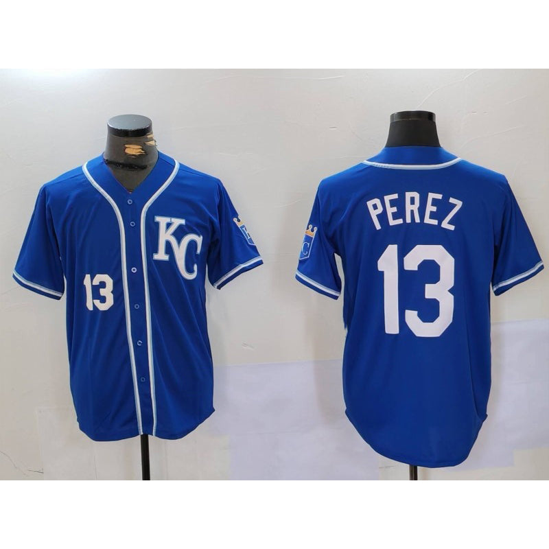 Kansas City Royals #13 Salvador Perez Number Blue MWATKINS KC Cool Base Stitched Jersey